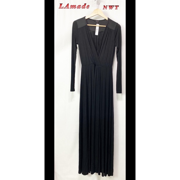 NWT- LA Made Black V neck long sleeve slit Surplice Maxi dress SM - Picture 1 of 11